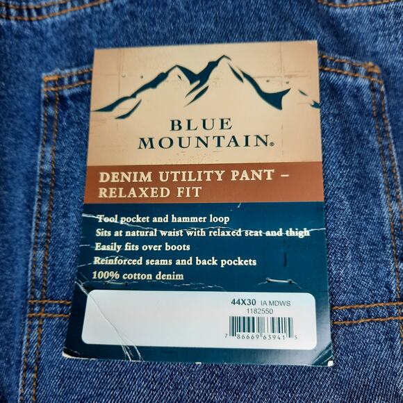 BLUE MOUNTAIN MENS NWT BLUE DENIM UTILITY CARPENTER WORK PANTS 44X30 RELAXED FIT - Picture 6 of 9